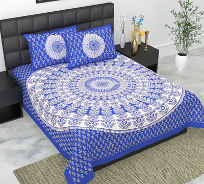E ELMA 144 TC Cotton Double Jaipuri Prints Flat Bedsheet(Pack of 1, Blue)