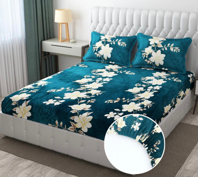 Rumps Woolen King Fitted (Elastic) 320 TC Floral Bedsheet(Pack of 1, Green)