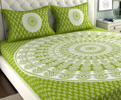 Dreamsoft 144 TC Cotton Double Jaipuri Prints Flat Bedsheet(Pack of 1, Light Green)