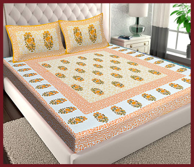JAIPUR PRINTS Cotton Double Flat 144 TC Jaipuri Prints Bedsheet(Pack of 1, Yellow)