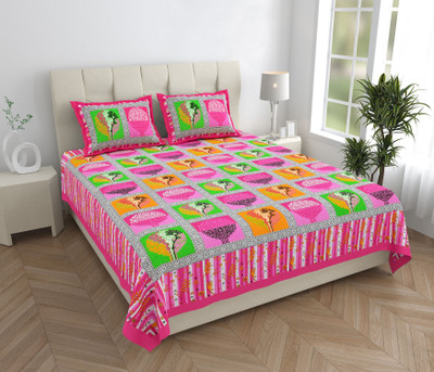 ABHACLOTHO Cotton Double Flat 144 TC Printed Bedsheet(Pack of 1, Pink)