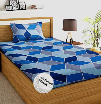 DECOMIZER 210 TC Cotton Single Printed Fitted (Elastic) Bedsheet(Pack of 1, Blue1)