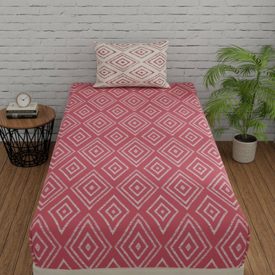 Huesland Cotton Single Flat 144 TC Geometric Bedsheet(Pack of 1, Peach Pink & White)
