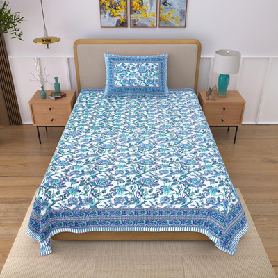GrihSansaar Cotton Single Flat 210 TC Floral Bedsheet(Pack of 1, Blue)