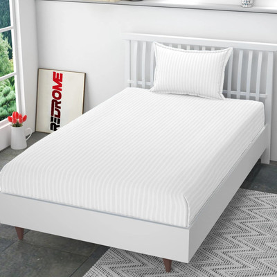 REDROME 300 TC Cotton Single Striped Flat Bedsheet(Pack of 1, White)