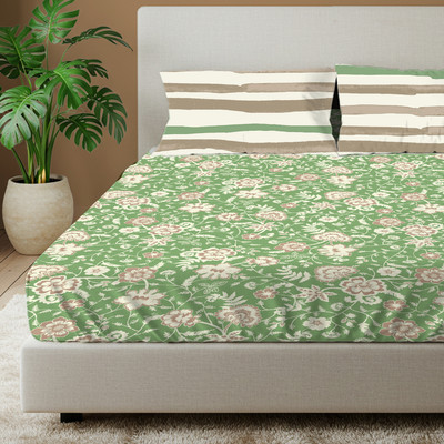 Urban Space Cotton Super King Flat 144 TC Printed Bedsheet(Pack of 1, Green, Brown, Beige)