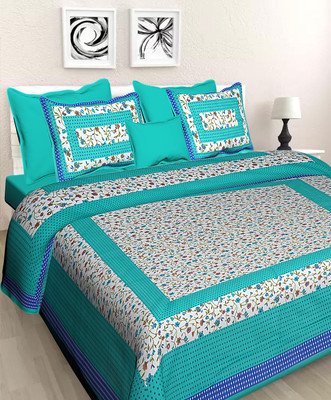 JAIPUR PRINTS Cotton Double Flat 144 TC Jaipuri Prints Bedsheet(Pack of 1, Sky)