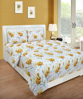 MANISHPANDEY 144 TC Microfiber Double Abstract Flat Bedsheet(Pack of 1, Gold, White)