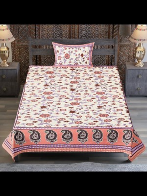 Monik Handicrafts 140 TC Cotton Single Printed Flat Bedsheet(Pack of 1, Peach)