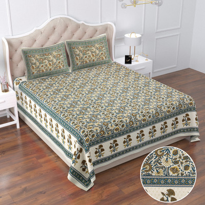 SIZAR 104 TC Cotton Queen Jaipuri Prints Flat Bedsheet(Pack of 1, Green)