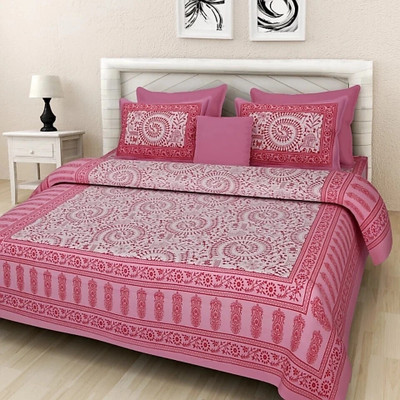E ELMA 144 TC Cotton King Jaipuri Prints Flat Bedsheet(Pack of 1, Pink)