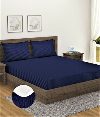 Home Sizzler Microfiber Double Fitted (Elastic) 300 TC Striped Bedsheet(Pack of 1, Blue)