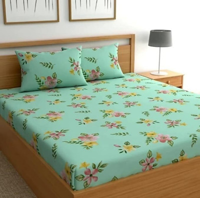 MORADO 210 TC Polycotton Double Floral Fitted (Elastic) Bedsheet(Pack of 1, Green)