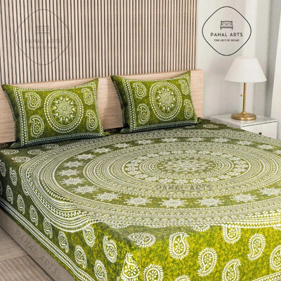PahalArts Cotton Double Flat 144 TC Jaipuri Prints Bedsheet(Pack of 1, Green)
