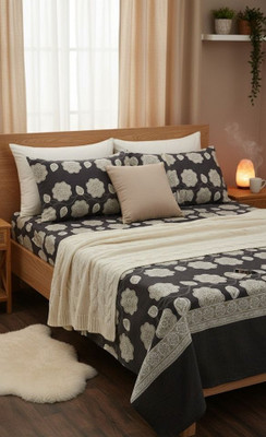 BGB Cotton Single Flat 240 TC Floral Bedsheet(Pack of 1, Black, Brown, White)