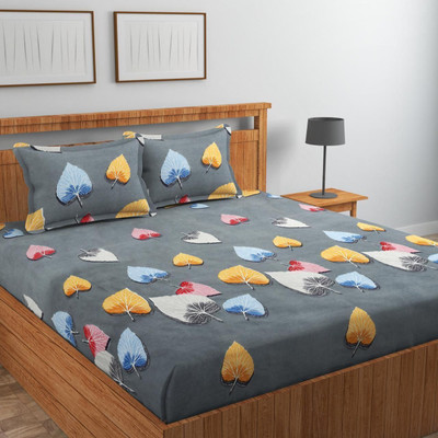 subhani Polycotton Double Flat 300 TC Motifs Bedsheet(Pack of 1, Grey, Yellow)