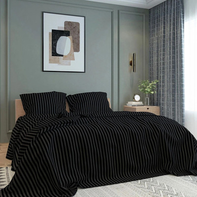 BELVOSTUM Microfiber Double Flat 280 TC Striped Bedsheet(Pack of 1, Black)