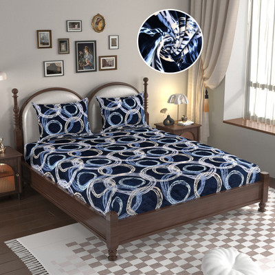EVERLUSH Velvet King Fitted (Elastic) 400 TC Printed Bedsheet(Pack of 1, Blue Circle)