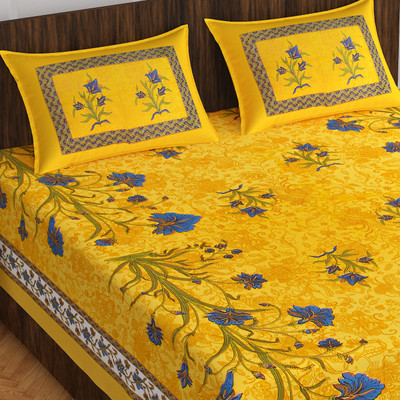 E ELMA 144 TC Cotton Double Abstract Flat Bedsheet(Pack of 1, Yellow)
