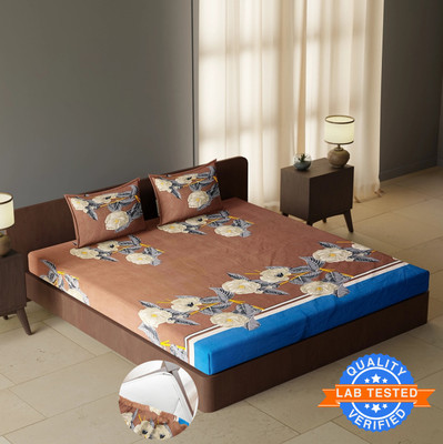 CARLTON LONDON 144 TC Polyester Double Floral Fitted (Elastic) Bedsheet(Pack of 1, Brown)