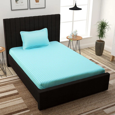 roman 300 TC Cotton Single Striped Fitted (Elastic) Bedsheet(Pack of 1, AQUA)