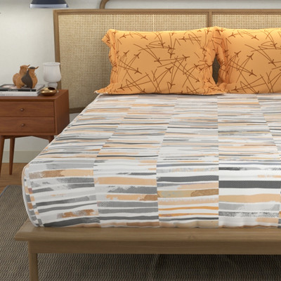 Urban Space Cotton King Fitted (Elastic) 144 TC Printed Bedsheet(Pack of 1, Stripes Mustard)