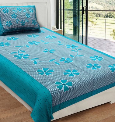 RajasthaniKart 180 TC Cotton Single Floral Flat Bedsheet(Pack of 1, Blue)