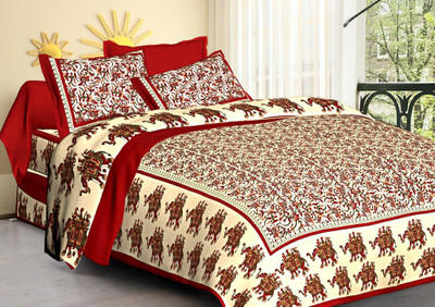 KANDY SHOP Cotton Queen Flat 600 TC Jaipuri Prints Bedsheet(Pack of 1, Maroon)