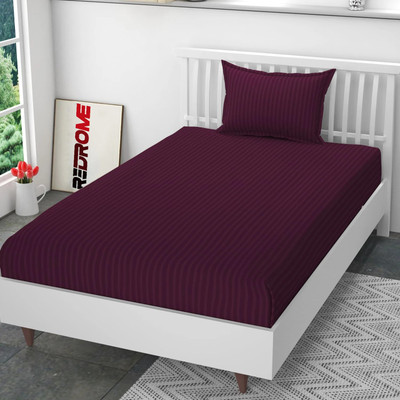 REDROME Cotton Single Flat 300 TC Striped Bedsheet(Pack of 1, Wine)