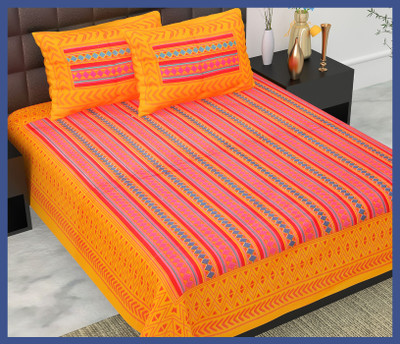 BedZone Cotton Double Flat 240 TC Jaipuri Prints Bedsheet(Pack of 1, Orange)
