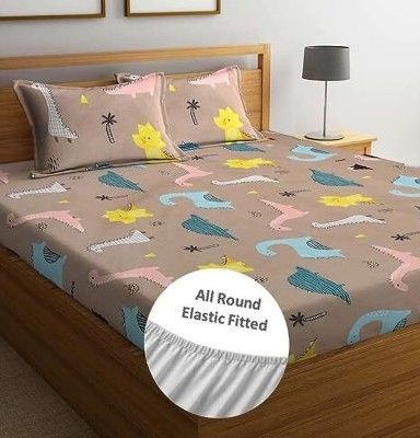 tarain collection 210 TC Cotton Double Printed Fitted (Elastic) Bedsheet(Pack of 1, Dinosaur)