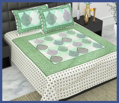 BedZone Cotton Double Flat 240 TC Jaipuri Prints Bedsheet(Pack of 1, Green)