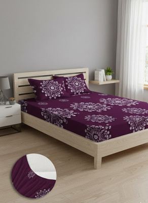 msharn Cotton King Fitted (Elastic) 250 TC Printed Bedsheet(Pack of 1, Maroon)