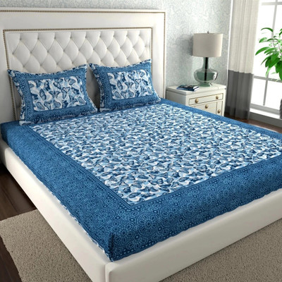 Jeevat Cotton Double Flat 144 TC Jaipuri Prints Bedsheet(Pack of 1, Light Blue, Blue, White)