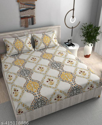 Damac 210 TC Microfiber King Printed Fitted (Elastic) Bedsheet(Pack of 1, White)