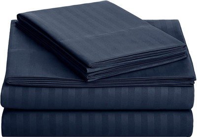 ROOMSTYLE 230 TC Cotton Single Striped Fitted (Elastic) Bedsheet(Pack of 1, Blue)