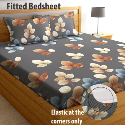 AEROHAVEN 210 TC Microfiber Double Floral Fitted (Elastic) Bedsheet(Pack of 1, Brown)