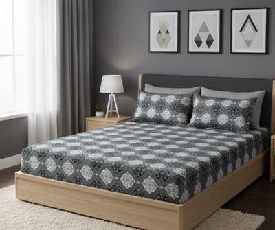 Optenzer Cotton Double Flat 220 TC Motifs Bedsheet(Pack of 1, Grey)