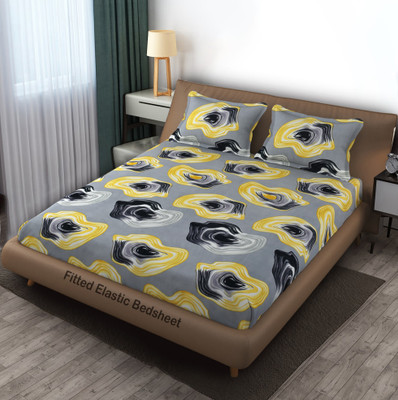 WHITE LOTUS 160 TC Microfiber Double Abstract Fitted (Elastic) Bedsheet(Pack of 1, Double All Round Elastic Fitted Bed sheet, With 2 Pillow Covers, Grey)