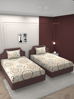 BROMWICK 244 TC Cotton Single Printed Flat Bedsheet(Pack of 2, Cream Brown)