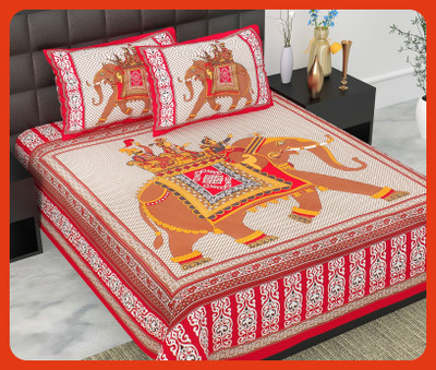 BedZone Cotton Double Flat 240 TC Jaipuri Prints Bedsheet(Pack of 1, Red)