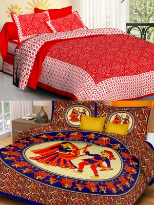 KANDY SHOP Cotton Double Flat 250 TC Jaipuri Prints Bedsheet(Pack of 1, Red)