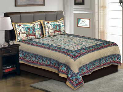 PALANG SHOBHA Cotton King Flat 400 TC Jaipuri Prints Bedsheet(Pack of 1, Brown)