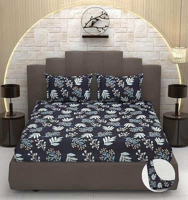 ARDM 210 TC Cotton Double Floral Fitted (Elastic) Bedsheet(Pack of 1, Black)