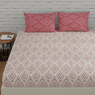 Huesland 144 TC Cotton King Geometric Flat Bedsheet(Pack of 1, White & Peach Pink)