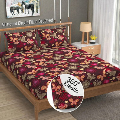 LA VERNE Cotton Double Fitted (Elastic) 144 TC Jaipuri Prints Bedsheet(Pack of 1, D Red)
