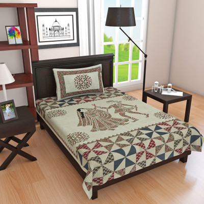 Home@shop 140 TC Cotton Single Jaipuri Prints Flat Bedsheet(Pack of 1, Multicolor)