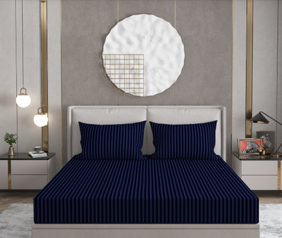 ROOMSTYLE 230 TC Cotton Single Striped Fitted (Elastic) Bedsheet(Pack of 1, Blue)