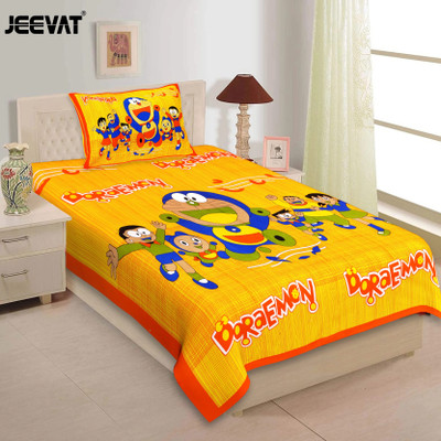 Jeevat Cotton Single Flat 144 TC Cartoon Bedsheet(Pack of 1, Orange, Yellow, Green, Blue)