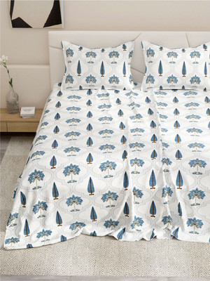 Dream Weaverz Cotton Super King Flat 260 TC Abstract Bedsheet(Pack of 1, White-Blue)
